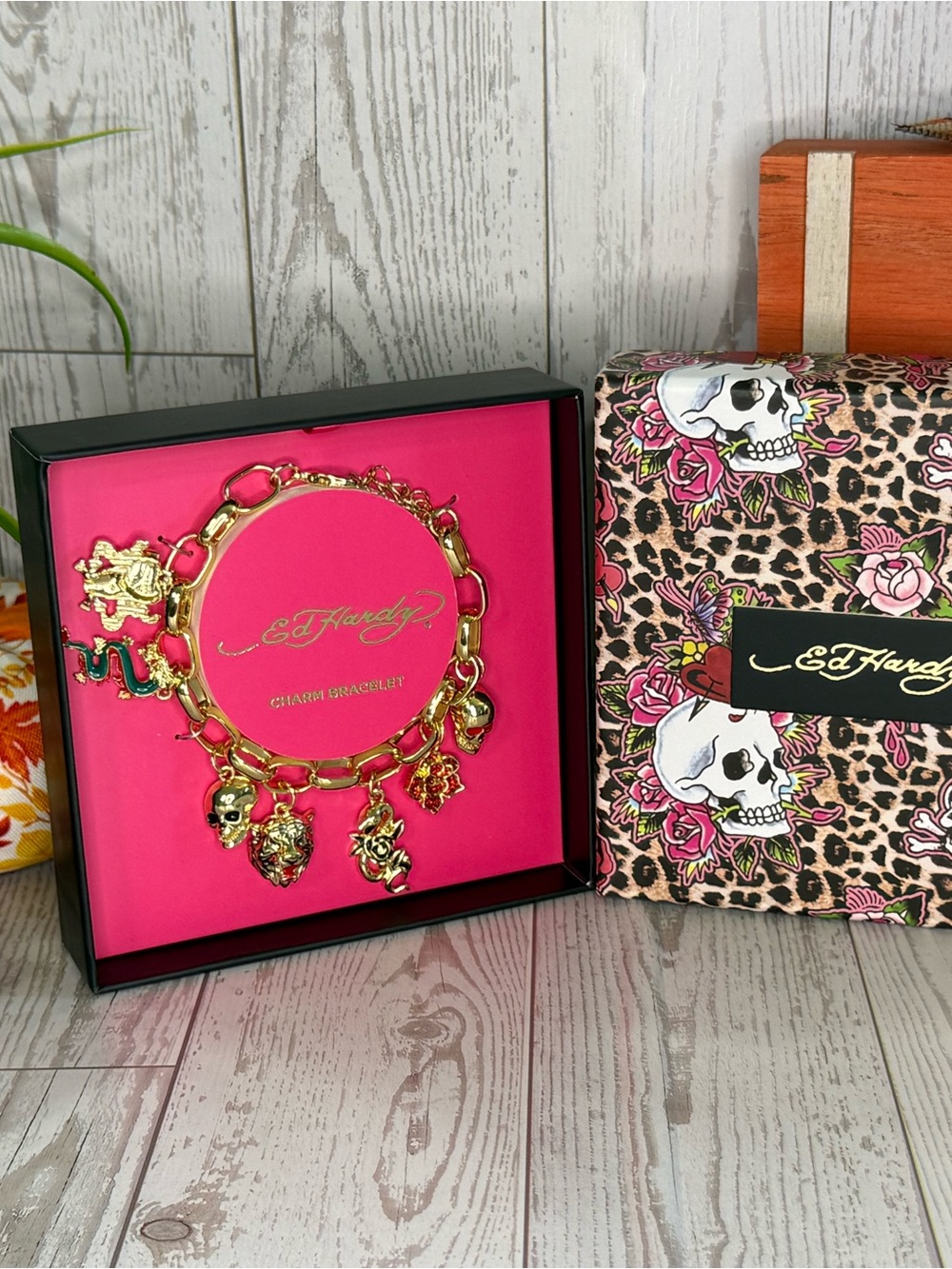 Ed Hardy Gold-Tone Charm Bracelet with Pink Accents